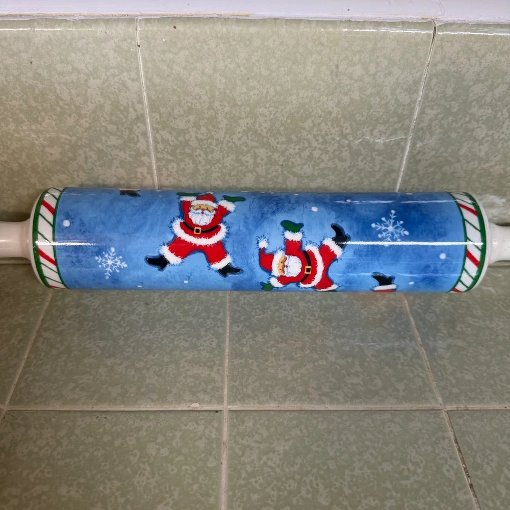 CounterArt Ceramic Rolling Pin Christmas Dancing Santa Blue Holiday Kitchenware
